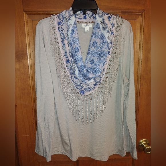 Tan top with scarf that buttons on size large - Picture 1 of 1